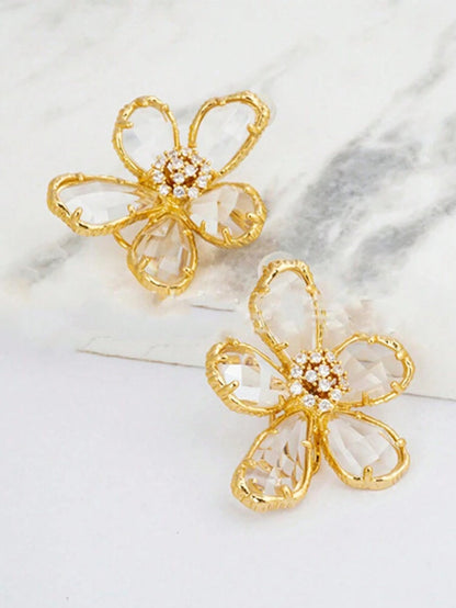 ROMANCE  FLOWER DANGLE DROP EARRINGS - GOLD CRYSTAL