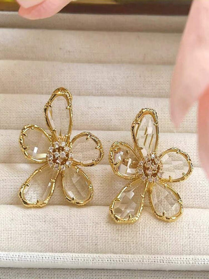 ROMANCE  FLOWER DANGLE DROP EARRINGS - GOLD CRYSTAL