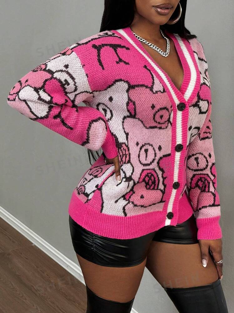 MY FAVORITE TEDDY BEAR PRINT CARDIGAN- PINK MULTI