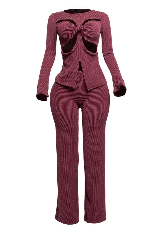 LET THEM TALK CUTOUT PANTS SET - BURGUNDY