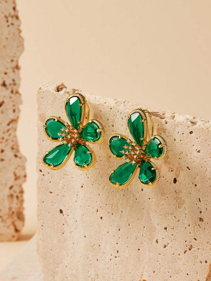 ROMANCE  FLOWER DANGLE DROP EARRINGS - EMERALD