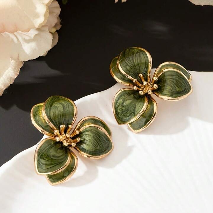 RETRO FLOWER STUD EARRINGS- GREEN
