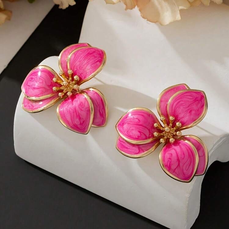 RETRO FLOWER STUD EARRINGS- PINK