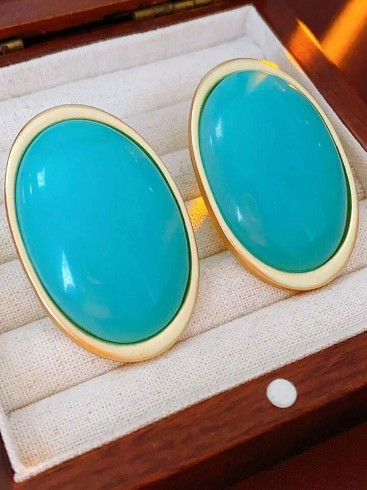 Oval Vintage Metal Stud Earrings- TURQUOISE