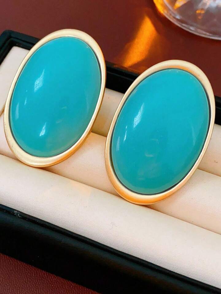 Oval Vintage Metal Stud Earrings- TURQUOISE