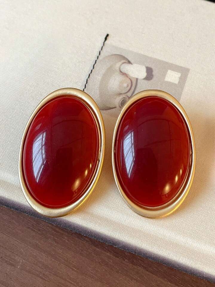 Oval Vintage Metal Stud Earrings-BURGUNDY