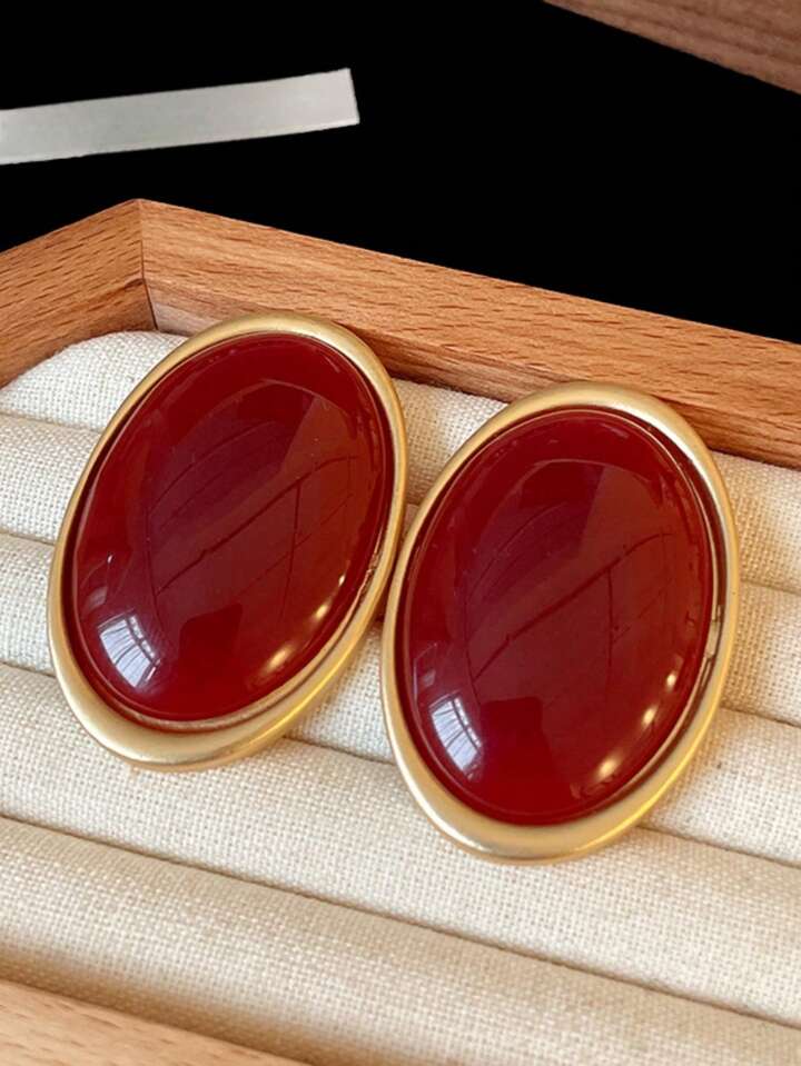 Oval Vintage Metal Stud Earrings-BURGUNDY