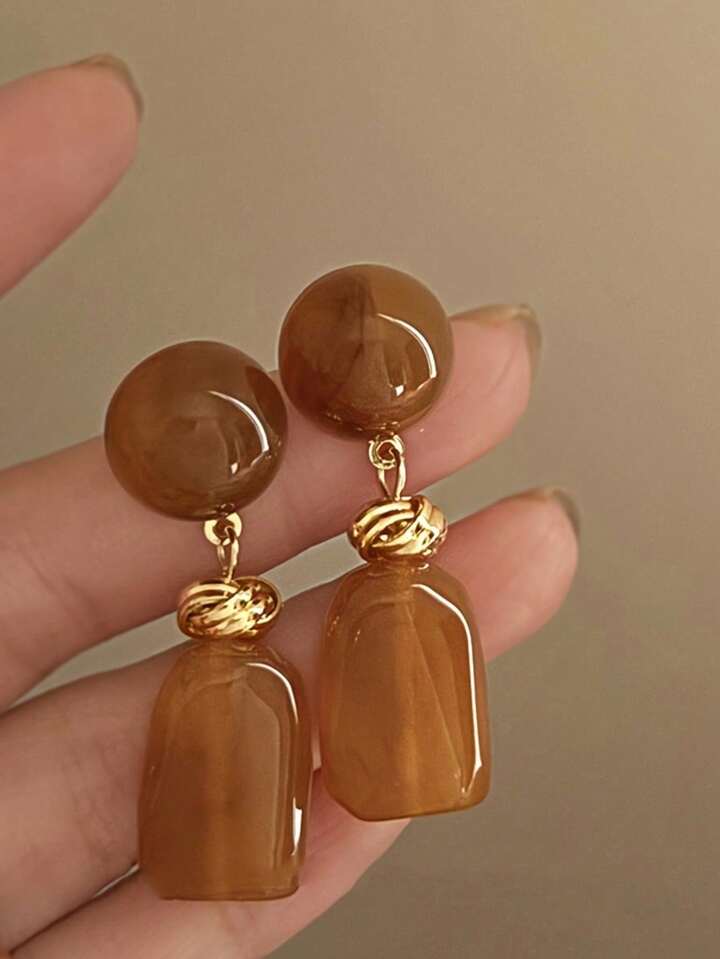 RESIN Abstract Dangle Earrings – Statement Drop Earrings with Gold Detailing- BROWN