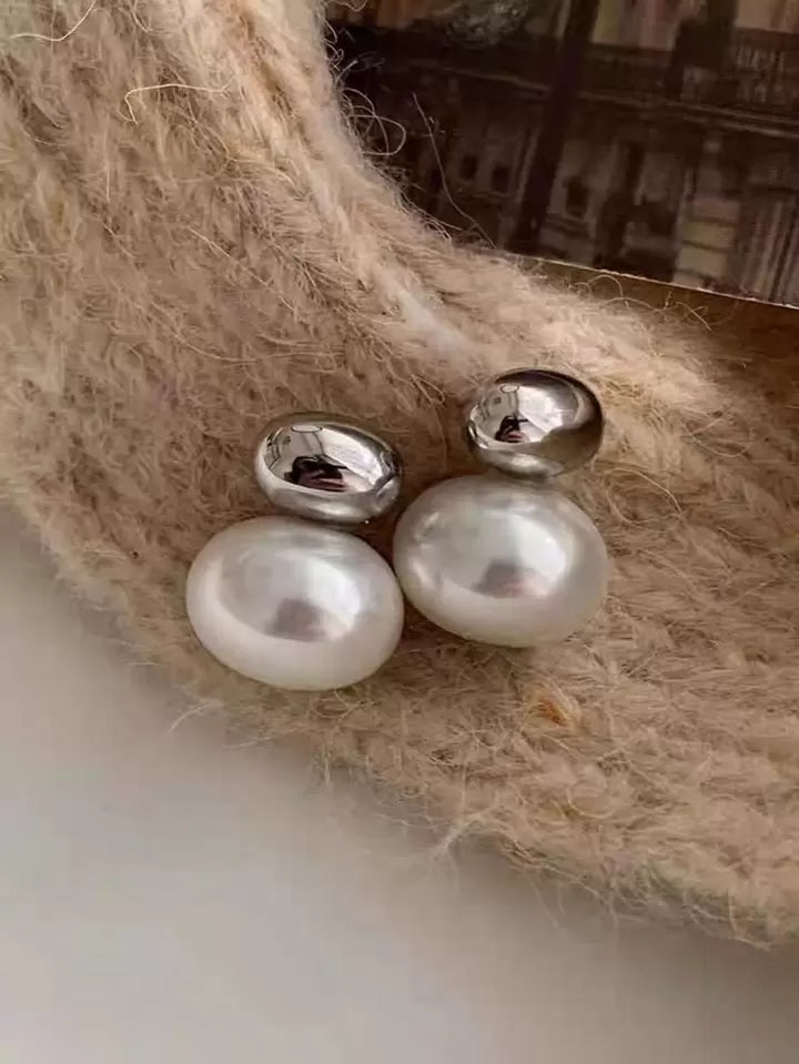 Pearl Two Tone Metal Stud Earrings