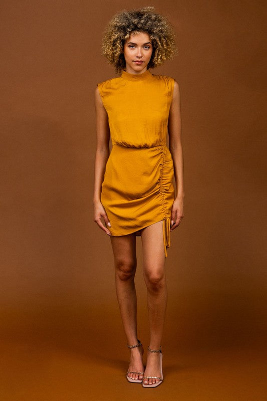 JOANNA SATIN MOCK NECK MINI DRESS-AMBER GLOW