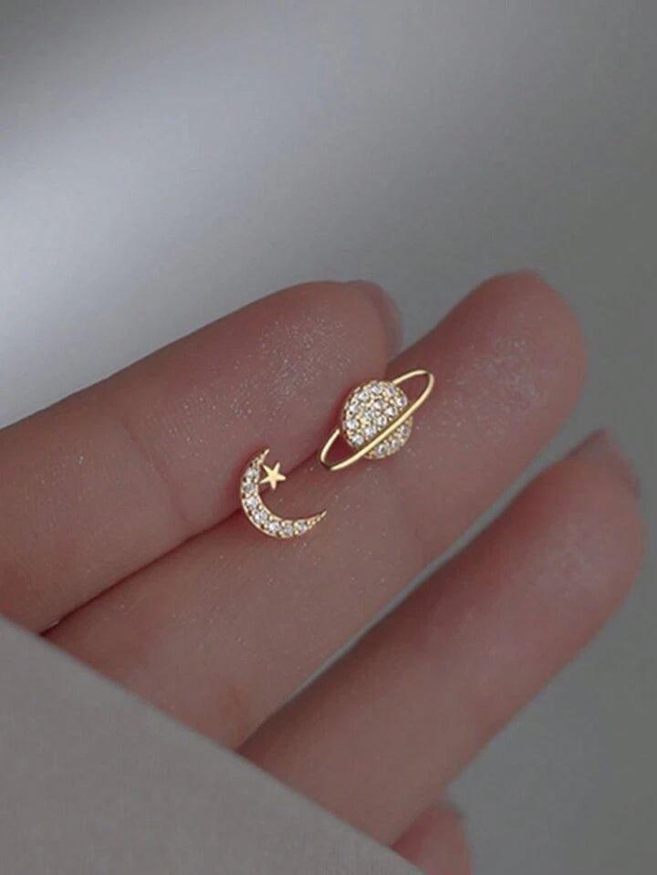 PLANET & MOON STUD EARRINGS -GOLD