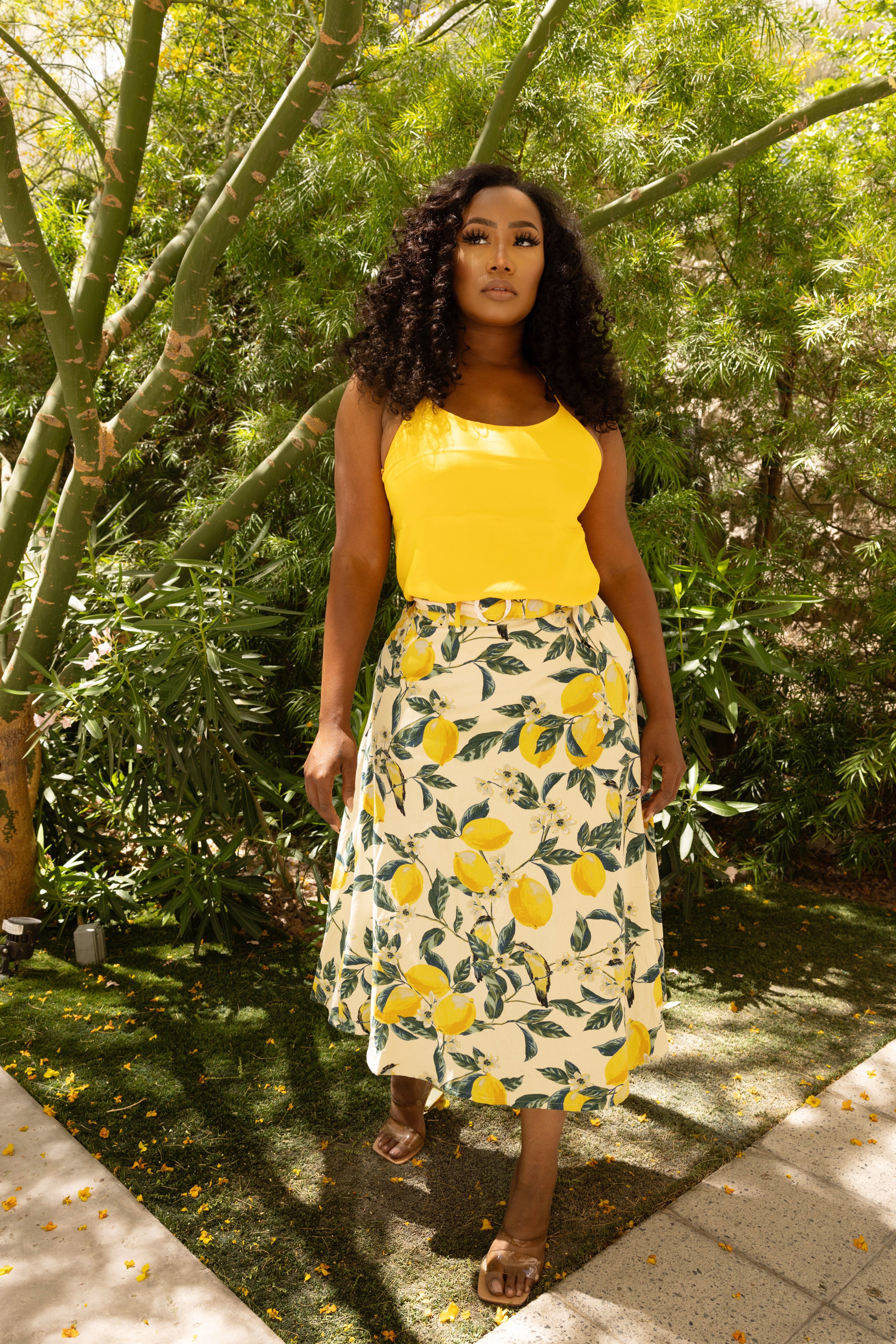 VINTAGE LEMON GARDEN BUCKLED A LINE MIDI SKIRT