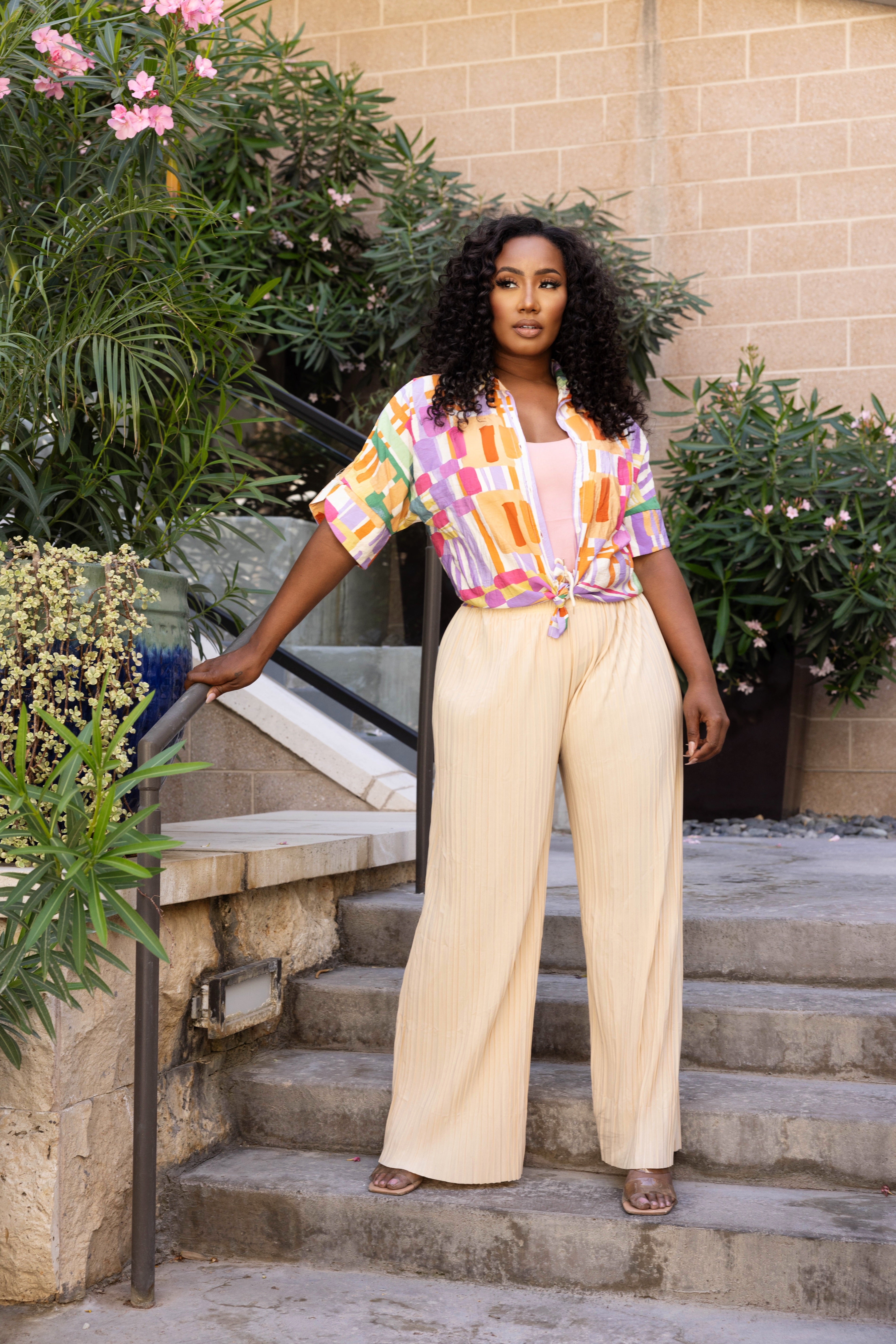 SAVE BY THE BELL BUTTON DOWN TOP  -PINK MULTI