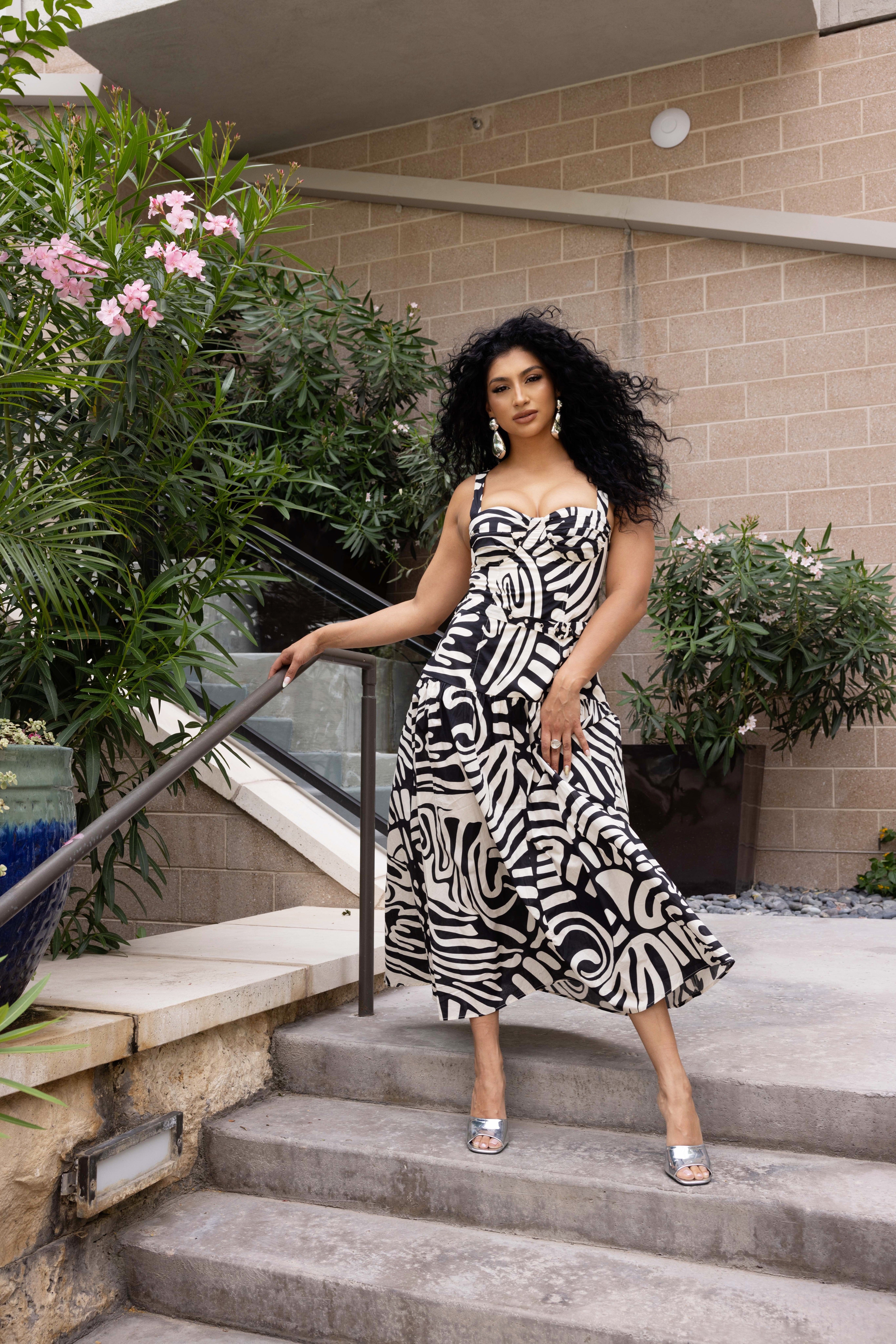 MYAN TRIBAL MIDI BELTED DRESS - BLACK MULTI