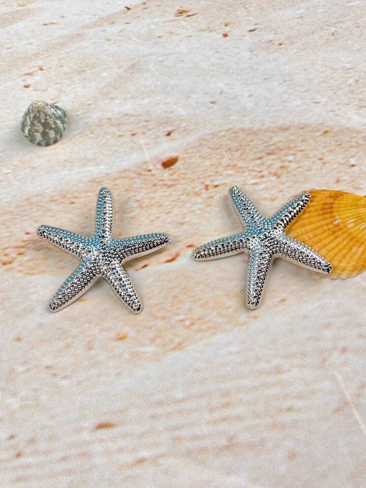 OVERSIZE STARFISH DANGLE STUD EARRINGS - SILVER
