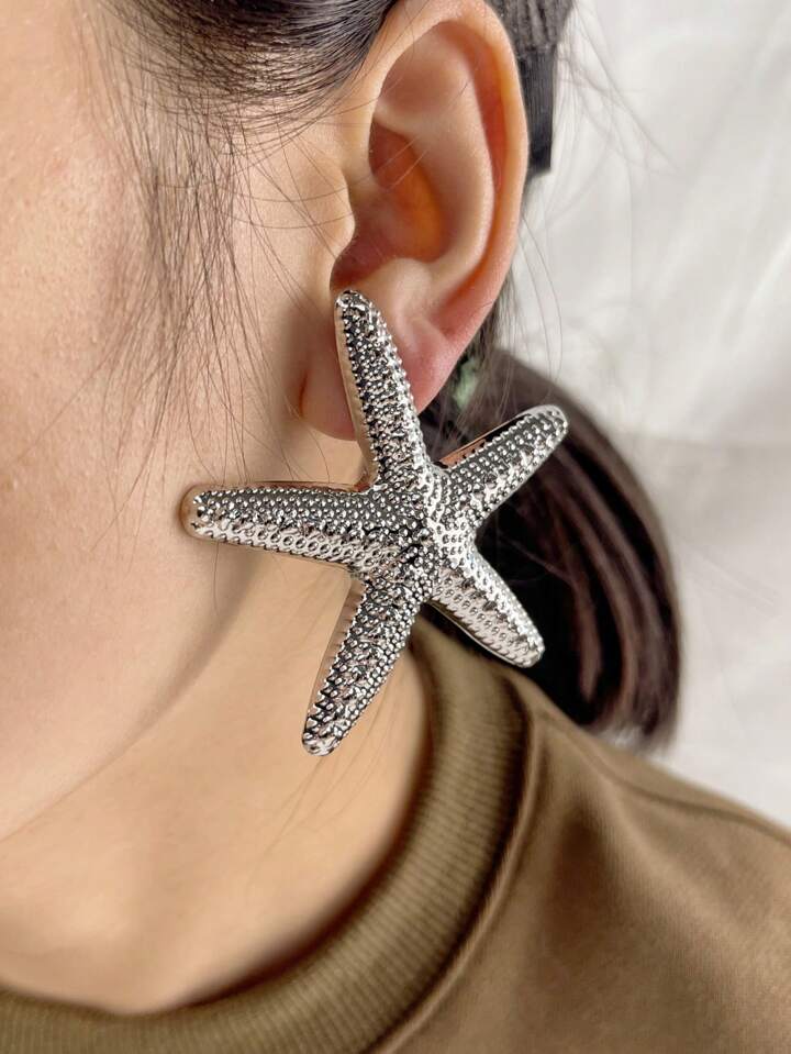 OVERSIZE STARFISH DANGLE STUD EARRINGS - SILVER