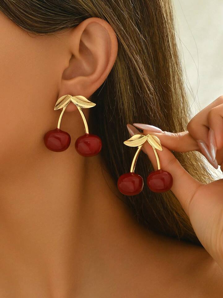GOLDEN LEAF CHERRY DROP STUD EARRINGS -BURGUNDY GOLD