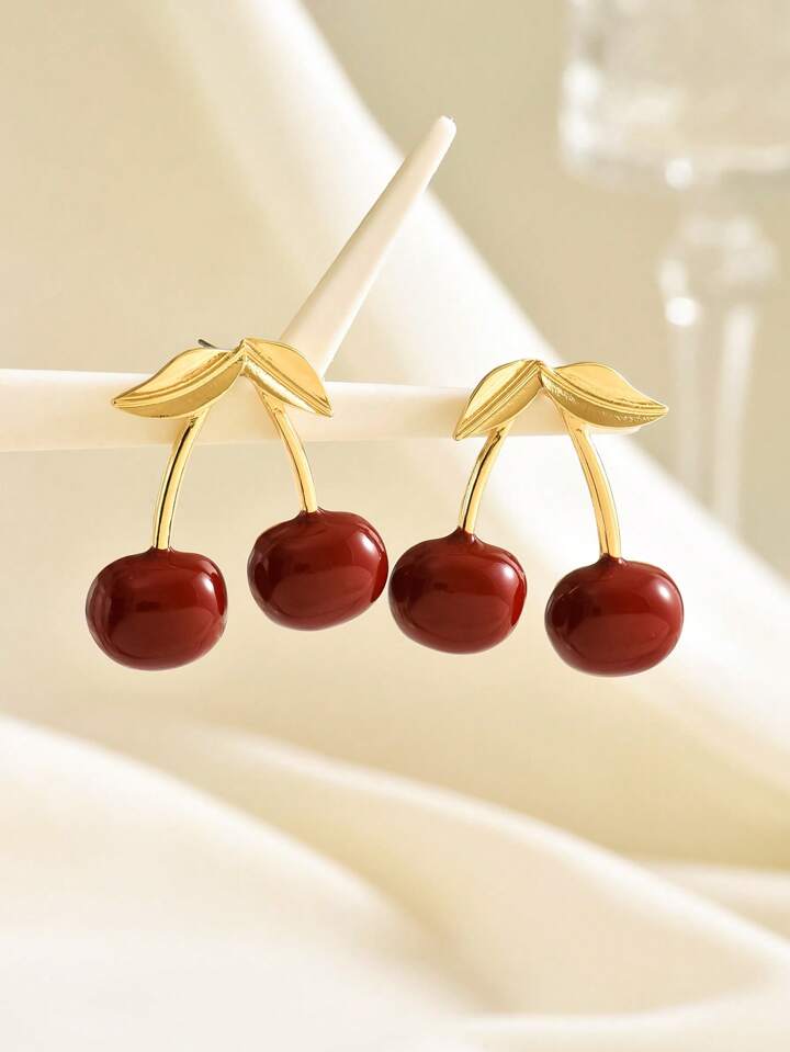 GOLDEN LEAF CHERRY DROP STUD EARRINGS -BURGUNDY GOLD