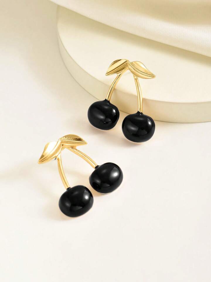 GOLDEN LEAF CHERRY DROP STUD EARRINGS - BLACK GOLD