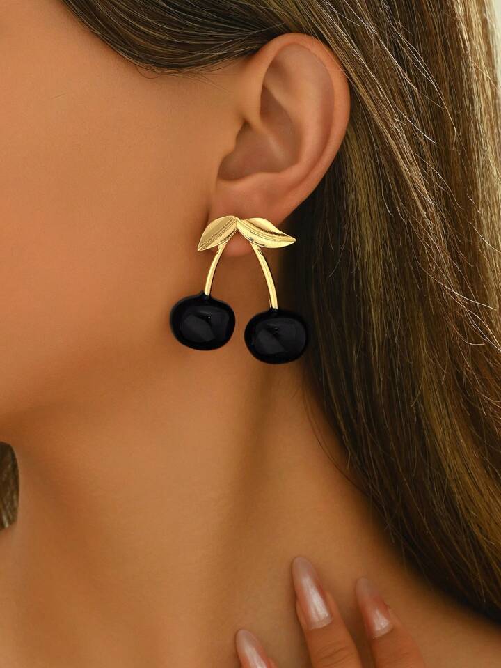 GOLDEN LEAF CHERRY DROP STUD EARRINGS - BLACK GOLD