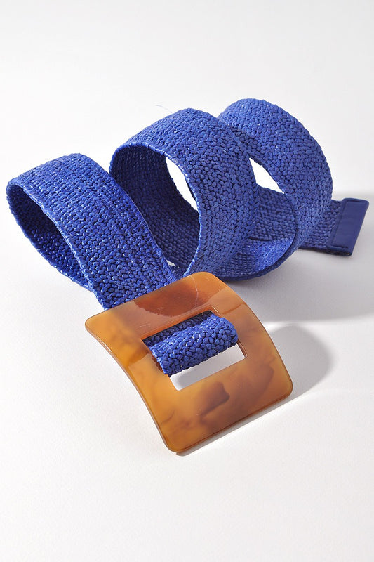 "LUCITE" SQUARE BUCKLE STRAW BELT - ROYAL BLUE
