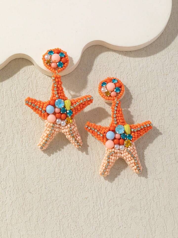 STARFISH & PEARL DANGLE EARRINGS - ORANGE