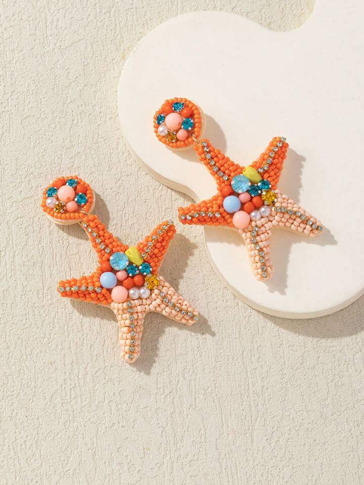 STARFISH & PEARL DANGLE EARRINGS - ORANGE