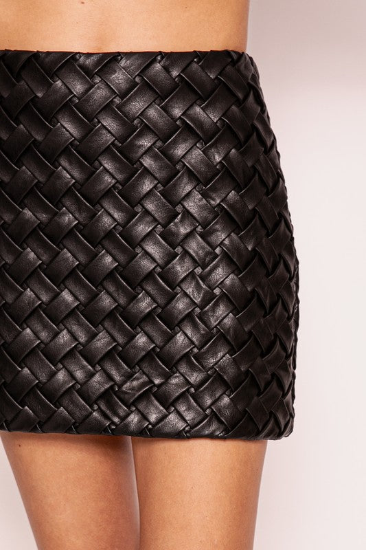 ALL CROSSED UP LEATHER WOVEN MINI SKIRT